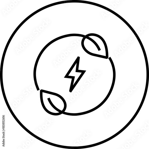 Energy saving eco power icon in black line style, sustainability electricity efficiency symbols pack with renewable green energy illustration, environmental resource graphic element