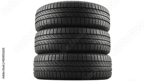 Stack of three black car tires isolated PNG, new rubber automobile tyres for vehicle maintenance and replacement on transparent background