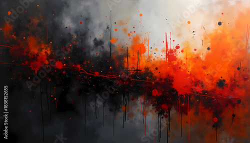 Dark abstract painting with fiery splashes and dreamy blurred textures