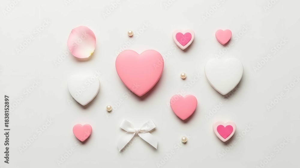 Obraz premium Collection of pink and white hearts rose petal and pearls romantic symbols for Valentines Day or wedding design flat lay