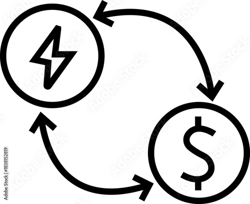 Energy saving eco power icon in black line style, sustainability electricity efficiency symbols pack with renewable green energy illustration, environmental resource graphic element