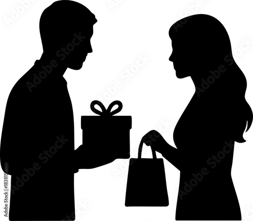 Silhouette of couple exchanging gifts in thoughtful meaningful moment