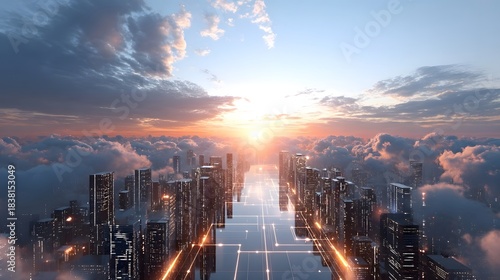An illuminated digital circuit like pathway guides the eye through a modern high tech city emerging from clouds during a vibrant sunrise evoking a sense of technological advancement and explo n