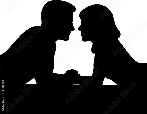 Silhouette of couple leaning close across table in tender intimate moment