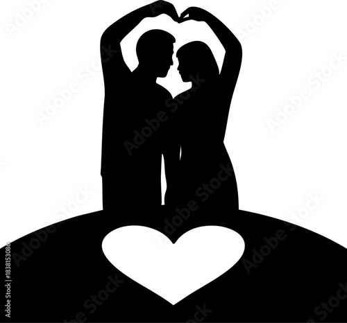 Silhouette of couple forming heart shape on hilltop in romantic scene