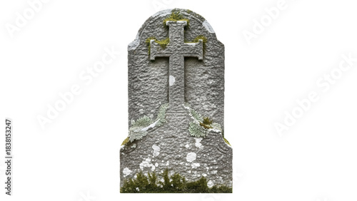 Photography Weathered stone grave marker with cross isolated PNG, ancient headstone covered