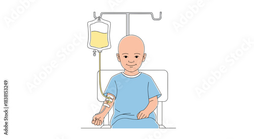Bald child receiving treatment with IV in hospital setting  