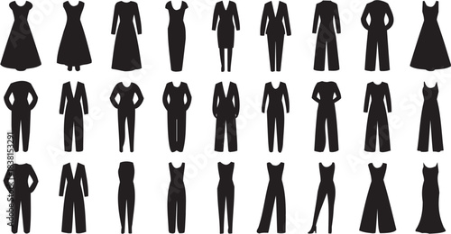 Silhouettes of Men and Women in Formal Attire. A black-and-white fashion illustration representing elegance and style.
