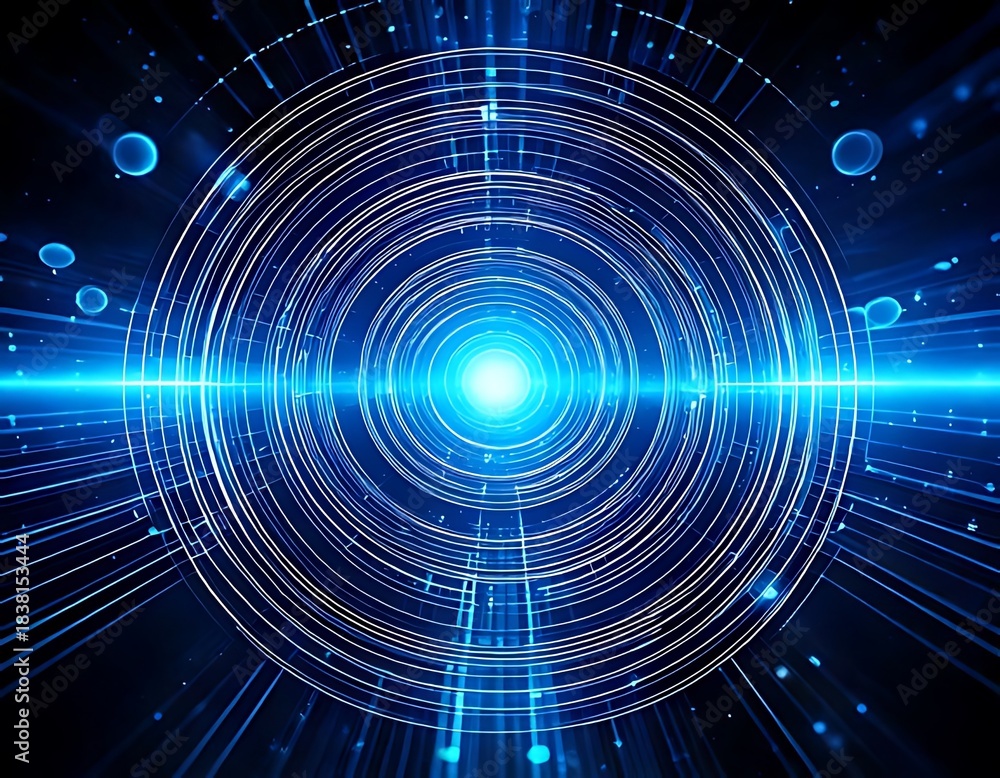 Obraz premium Futuristic concentric circles with a bright center and blue beams, digital rendering with floating orbs