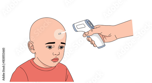 Child receiving temperature check with digital thermometer at home  
