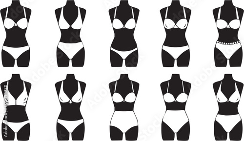 Fashion Silhouettes Icon Set in Line Style. A collection of swimsuit and lingerie designs