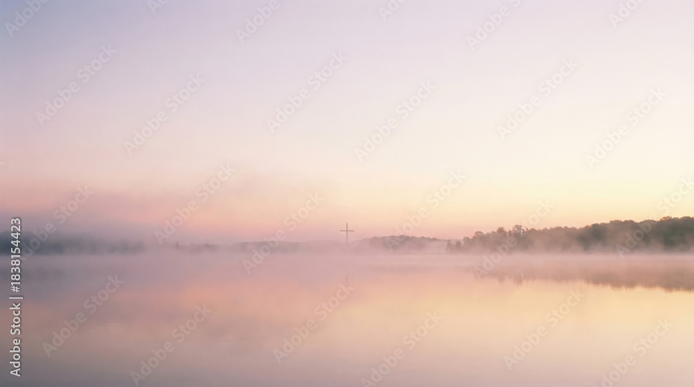 Fototapeta premium Misty pastel lake at dawn — calm water and quiet horizon