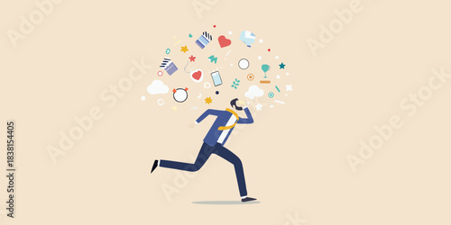 A businessman running forward with a burst of colorful ideas and concepts