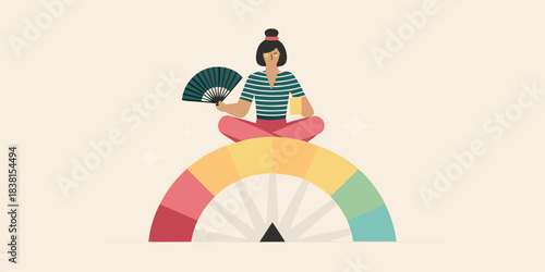 A serene woman meditating on a rainbow arc holding a decorative fan