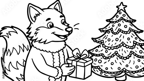 Very beautiful close-up portrait of a cute winter fox beside a cheerful Santa figure placing a small gift box near a glowing Christmas tree, soft snowflakes falling gently.