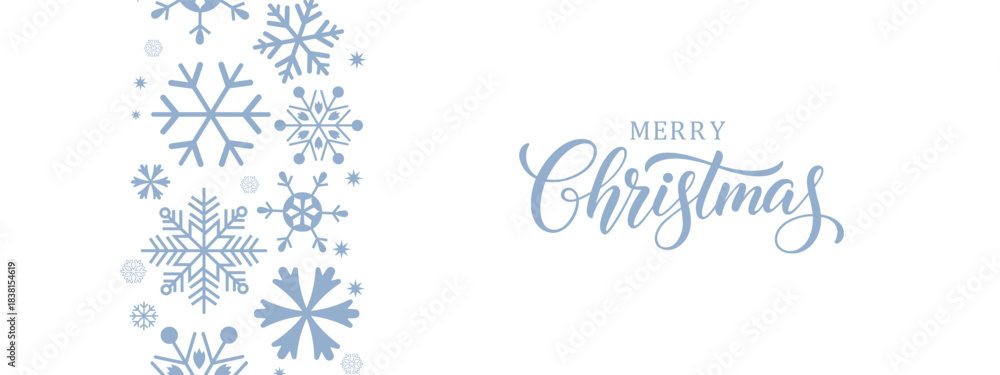 Naklejka premium Elegant Merry Christmas greeting card with blue snowflakes on white background and modern calligraphy text, minimalist festive winter holiday design, horizontal banner layout, copy space on right