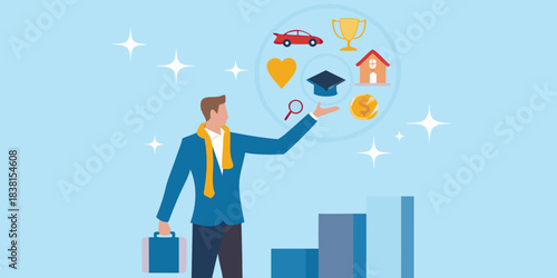 A man reaching for symbols of success car house education and more