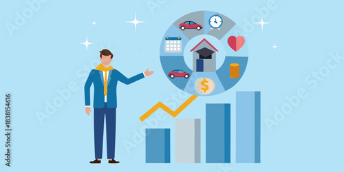 A man presenting financial growth with icons representing assets and success