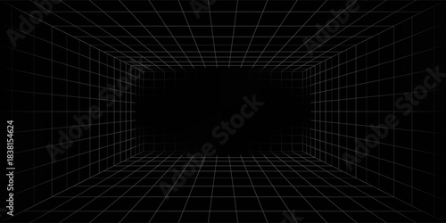 Futuristic perspective grid box. Abstract wireframe with white grid line on black background. Virtual reality landscape in 80s 90s digital style. Vector