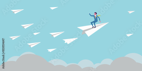 A businessman riding a paper airplane through the sky with other planes