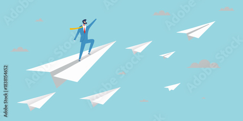 A businessman riding a paper airplane symbolizing success and innovative thinking