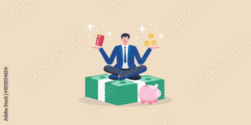Man meditating on stacks of money with coins and a red envelope