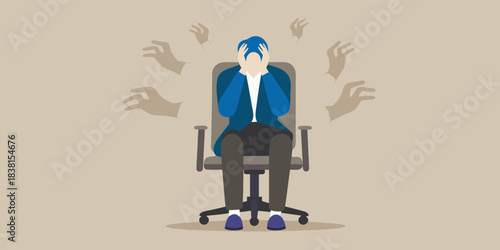 Overwhelmed person sitting in chair with hands reaching illustrating mental distress