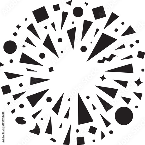 Black geometric shapes bursting outwards on white background