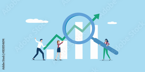 Business growth analysis with team collaboration and increasing financial performance