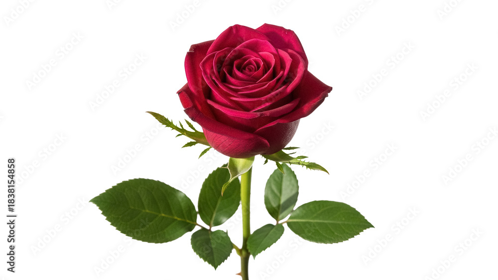 Fototapeta premium Beautiful dark red rose isolated PNG, romantic flower with green leaves on transparent background for Valentine s Day and wedding designs