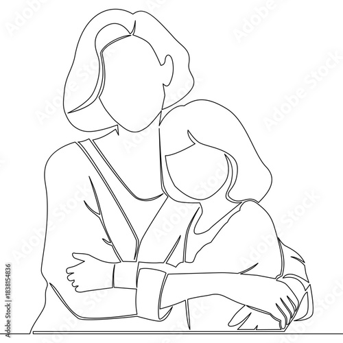 Continuous one single line drawing Mother hugging her little daughter showing love and family bonding icon vector illustration concept
