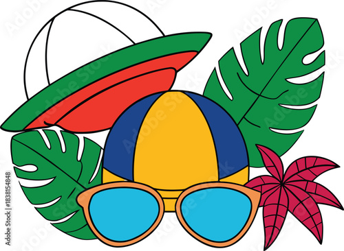 Vector illustration of sunglasses beach ball sunhat and tropical leaves vector illustration EPS file download.
