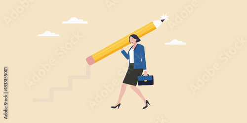 A businesswoman confidently climbs a staircase with a giant pencil