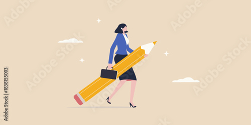 A businesswoman confidently carries a giant pencil symbolizing creativity and innovation
