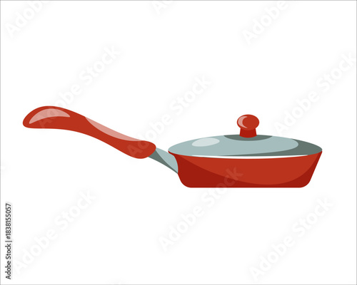 Red frying pan with lid isolated on white. Nonstick cookware for frying, sauteing, and everyday cooking.