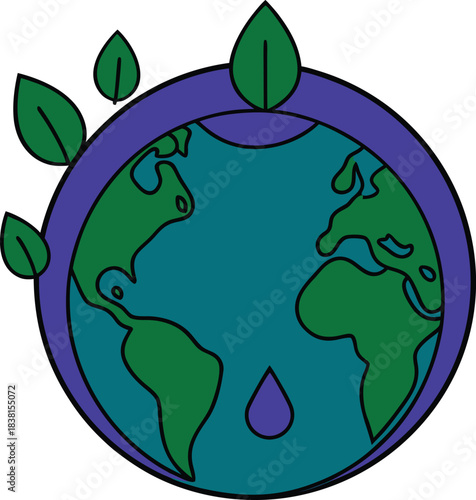 Green earth with purple ring and falling water droplet globe planet vector illustration EPS file download.
