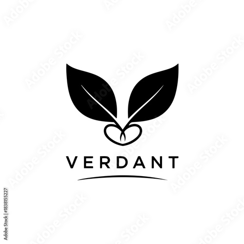 Minimalist black and white logo design featuring two stylized leaves forming a heart shape above the word verdant