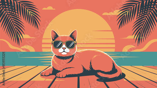 Cool Cat with Sunglasses Lounging at Tropical Sunset, Hipster pet relaxing summer, Feline beach sunset illustration,Rretro summer cat wall art
