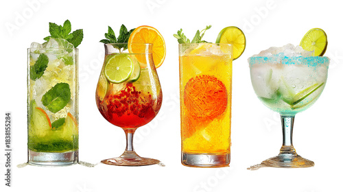 Assortment of four refreshing icy cocktails garnished with citrus slices and mint leaves against black