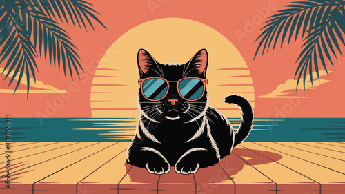 Retro style summer beach illustration of black cat wearing sunglasses ,
Tropical sunset with stylish cat, summer beach vibe with black cat, Retro Beach cat art print,
