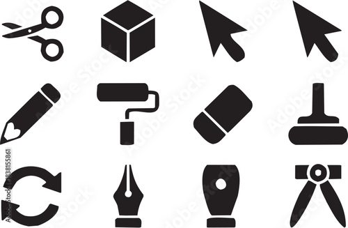 Cube and Paint Roller Icon in Line Style. A cube, paint roller, and cursor arrow representing design and customization