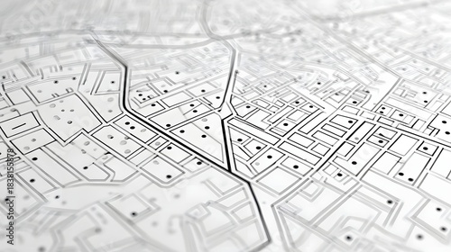A close up abstract perspective of a monochrome city map featuring a blurred grid of streets blocks and navigational lines creating a sense of depth and urban planning