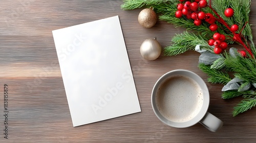 Festive top down view of Christmas flat lay blank white card warm coffee mug pine branches with red berries and golden baubles on a rustic wooden table for holiday greetings