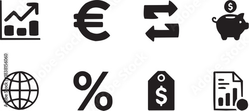 Currency and Price Tag Icon in Line Style. A black-and-white illustration of Euro symbols and a price tag