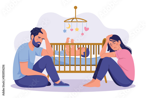 Parents are exhausted and stressed sitting on the floor near their baby's crib.