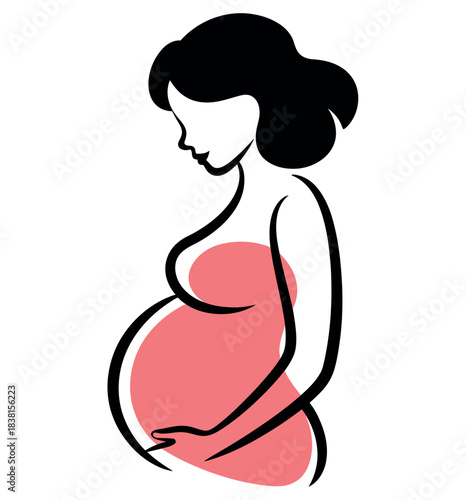 A stylized illustration depicts a pregnant woman holding her belly with a hopeful expression.