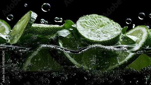 Wallpaper Mural Close-up of lime slices submerged in bubbly water. Sparkling bubbles surround the bright green fruit against a black background Torontodigital.ca