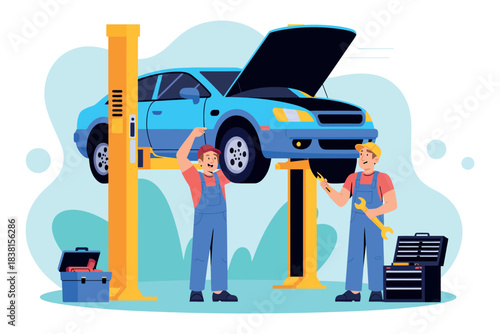 Two mechanics in overalls work on a blue car lifted on a yellow car lift.