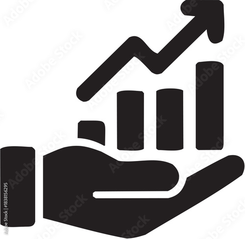 Business Growth Icon in Line Style. A hand holding a bar chart with an upward arrow symbolizing financial progress