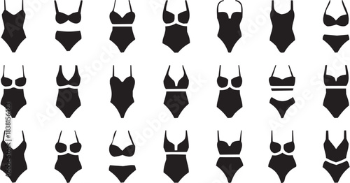 Women's Lingerie Styles Icon in Line Style. A black-and-white illustration of assorted lingerie designs